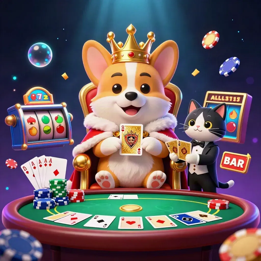 Crowned corgi and cat butler on chip throne amid casino cards, reels, bubbles, and cyan-purple glow