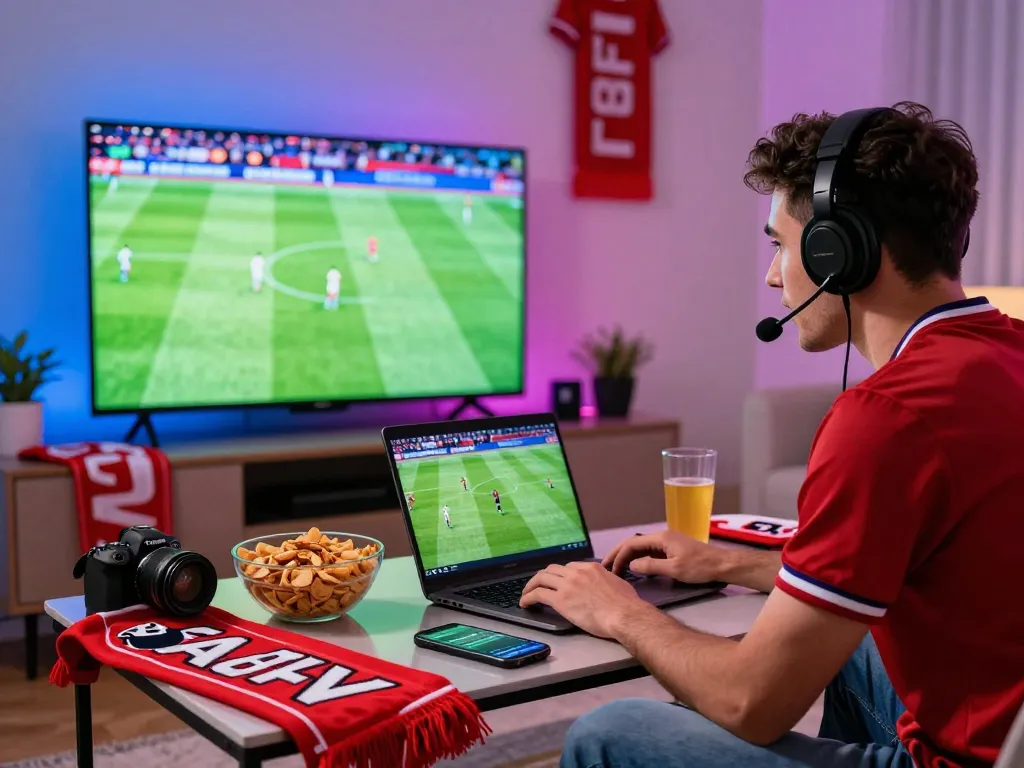 Xoilac online sports streaming experience with a fan engaged in live soccer match on laptop and TV.