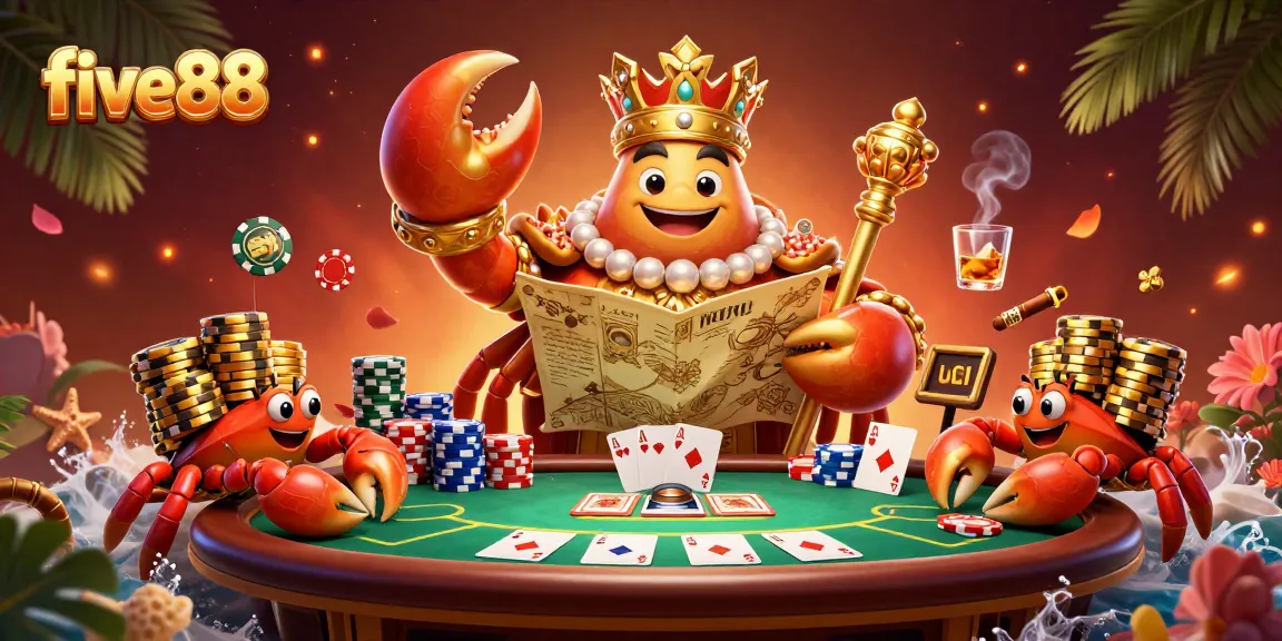 Join the adventure at five88 with a golden crab emperor amidst vibrant poker elements in a dynamic casino scene.