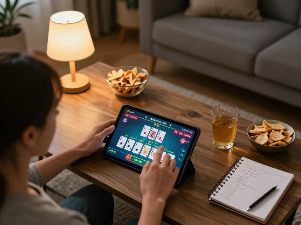 Person enjoying god55 online blackjack at home with a tablet, showcasing engaging gameplay and strategy notes.
