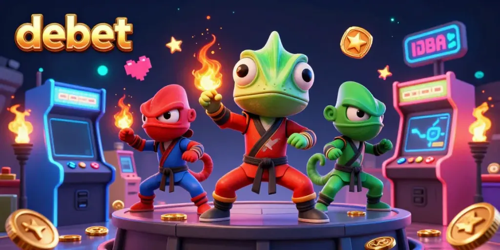 Engaging illustration of the debet gaming experience with ninja chameleons amid vibrant casino elements.