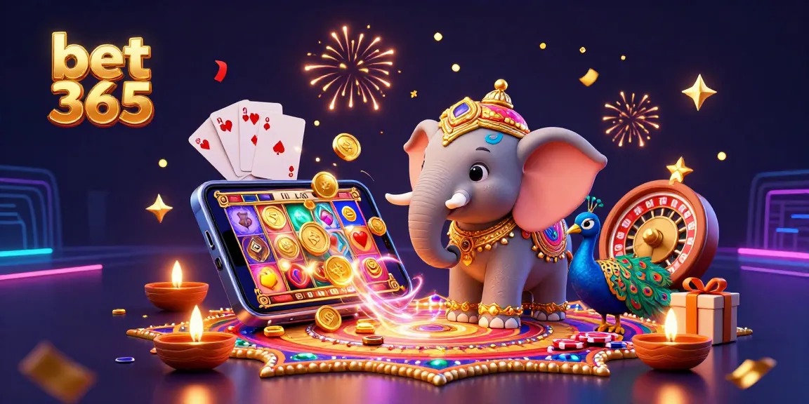 Engage with the vibrant world of bet 365 through this dynamic 3D illustration filled with festive characters and gaming elements.