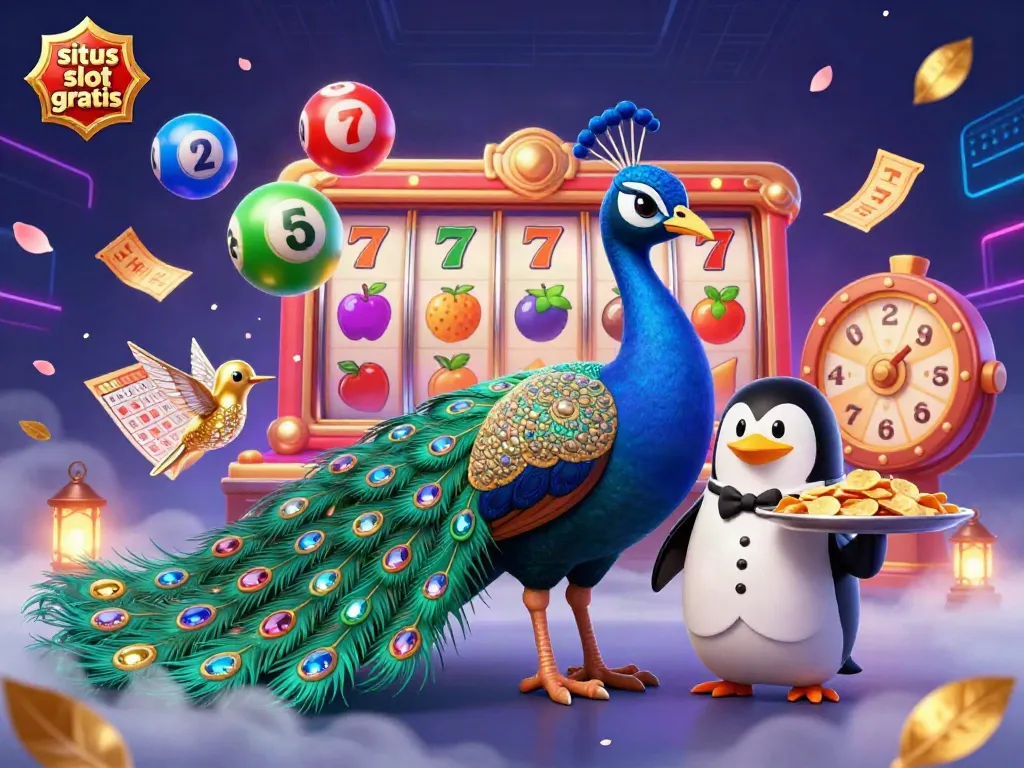 Engage with situs slot gratis through a vibrant 3D scene featuring a celebratory peacock and a butler penguin in a casino.