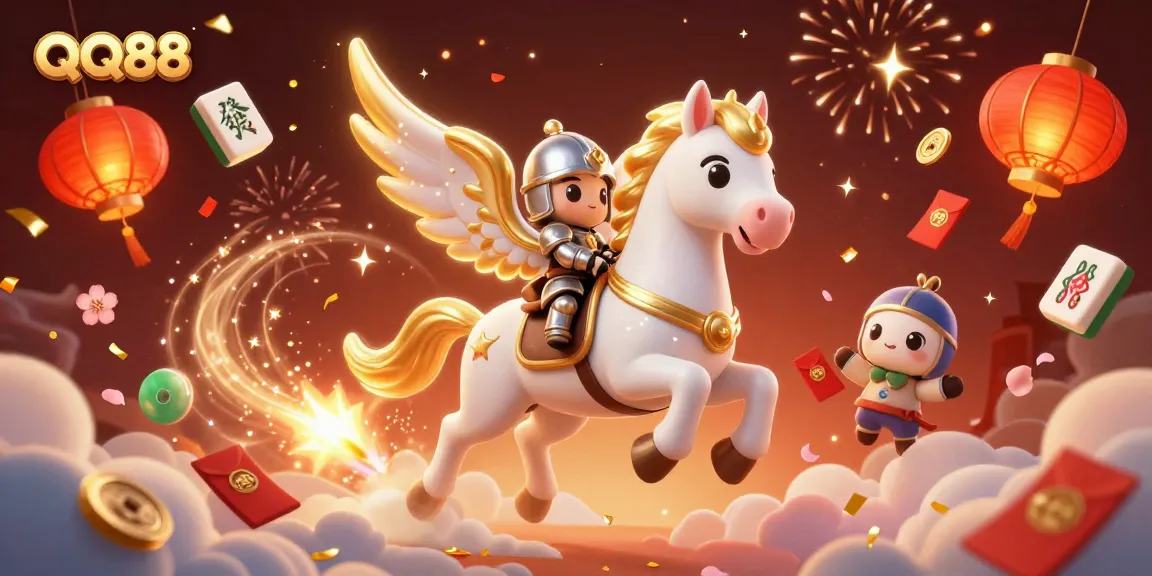Win big with QQ88 online casino adventures featuring a knight, magical horse, and vibrant celebration elements.