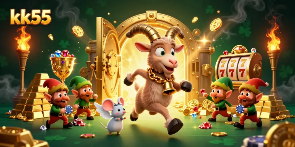 Engage in thrilling gameplay at kk55 casino, featuring festive Krampus and playful characters.