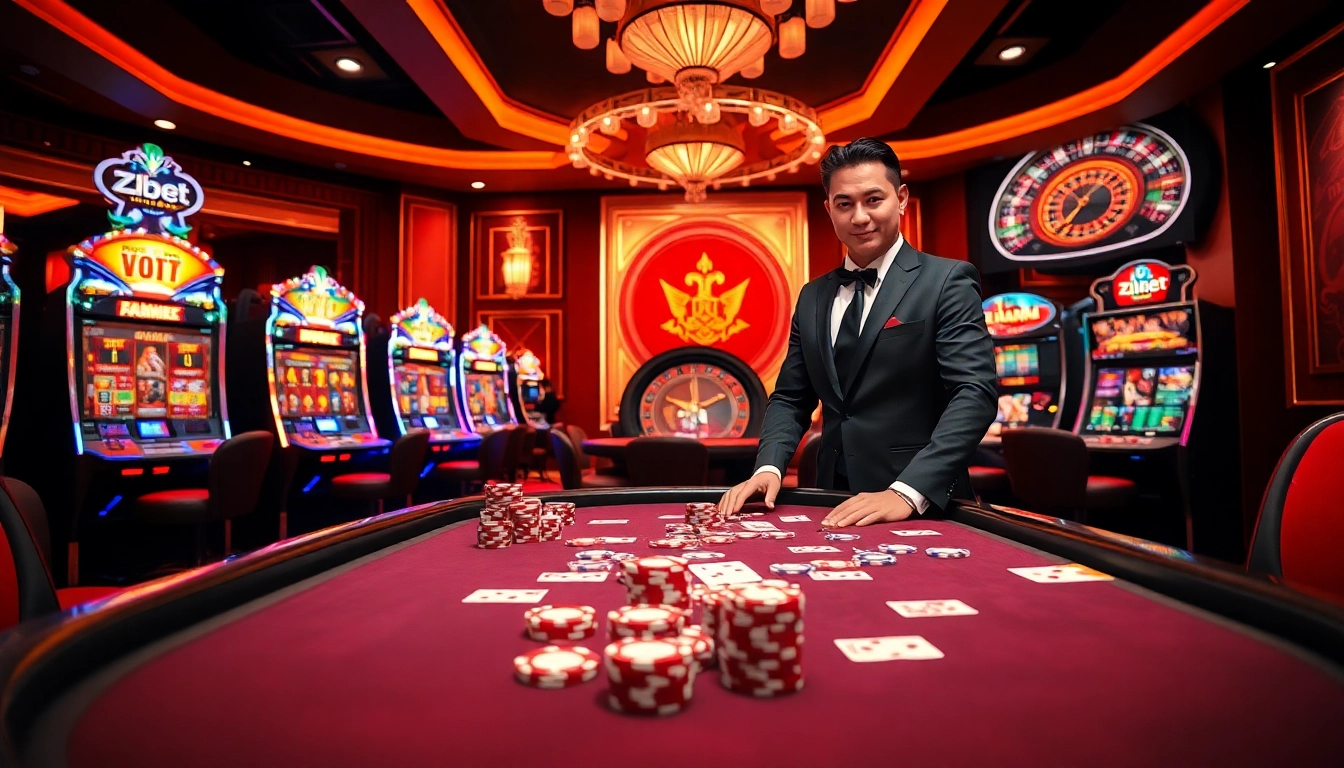 Experience the thrill of betting at Nhà cái Zbet with a vibrant casino scene showcasing poker and slots.