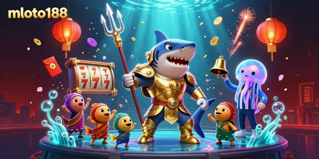 Experience thrilling gameplay with mloto188's underwater casino world featuring a tiger shark and vibrant slot elements.