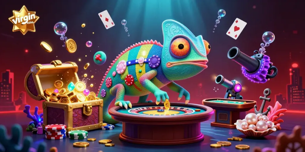 Experience thrilling gameplay at virgin-mobile casino with a colorful chameleon owner and vibrant casino elements.