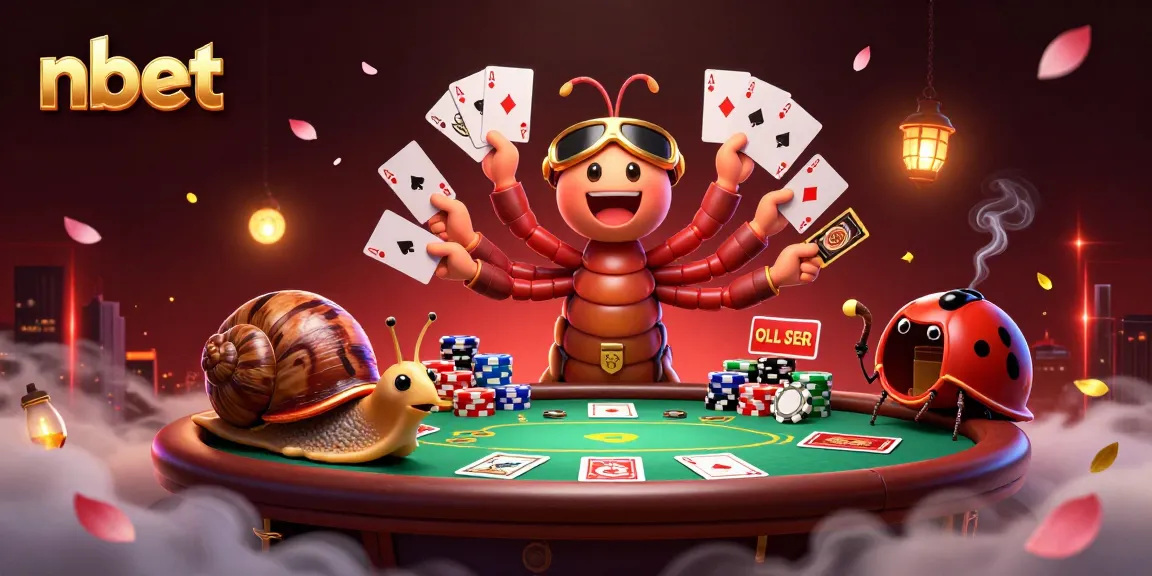 Engage with nbet's vibrant casino scene featuring a millipede dealer, poker elements, and whimsical characters.