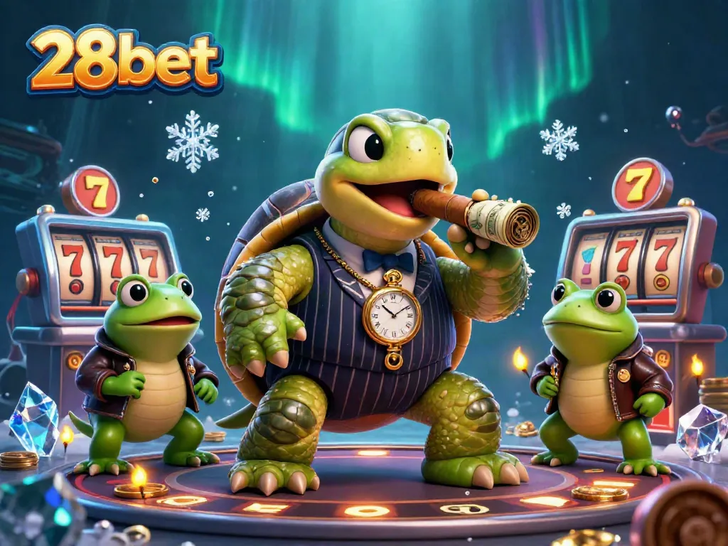 Immerse in 28bet's vibrant casino scene featuring a turtle in a mobster suit surrounded by slot machines and golden coins.