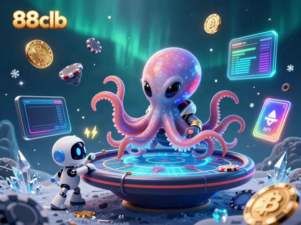 Engage with 88clb's vibrant 3D scene featuring an alien octopus at a floating poker table.