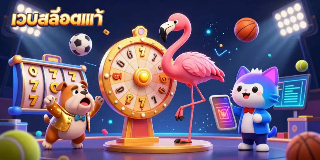 Engaging scene showcasing เว็บสล็อตแท้ with a game show host flamingo, excited bulldog contestant, and scoreboards.