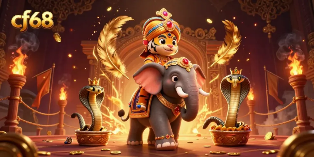 Experience the excitement of cf68 with a vibrant 3D scene featuring a royal tiger and elephant in a dynamic casino setting.