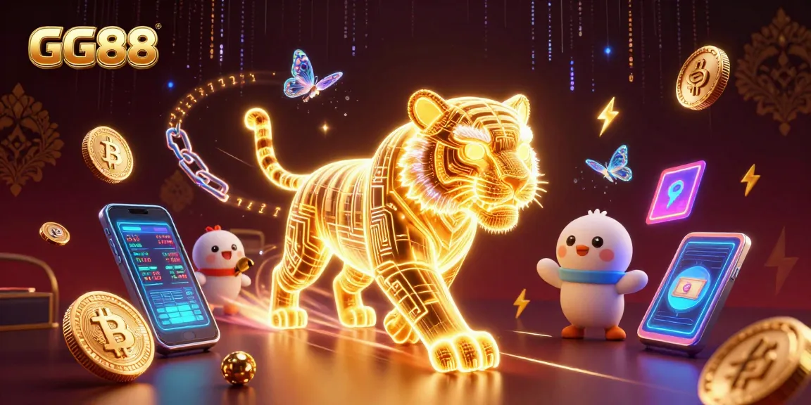 Experience GG88's vibrant digital casino universe with a neon tiger and holographic game elements.