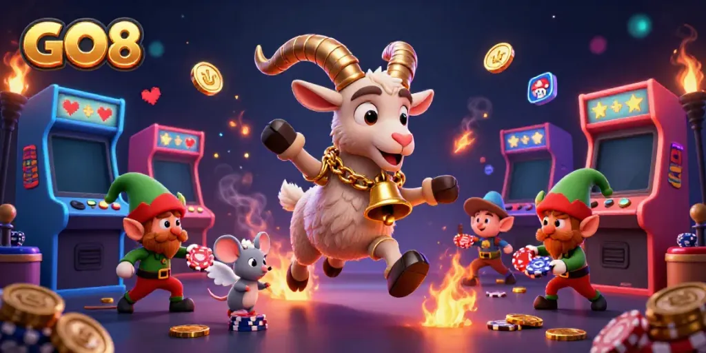 Experience the GO8 holiday-horror casino with Krampus, angel mouse, and elf gremlins amidst playful chaos.