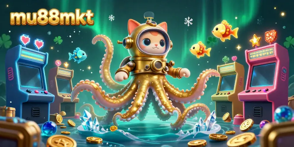 Experience excitement with mu88mkt as a colossal kraken and diving cat dive into a vibrant casino adventure.