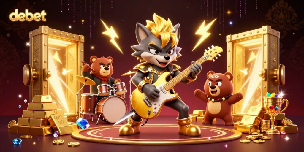 Experience thrilling gameplay with Debet, featuring vibrant casino characters and treasure elements.