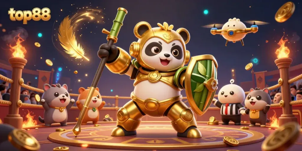 Experience the excitement of top88 with a mech-suit panda battling in a vibrant casino arena filled with cheering fans.