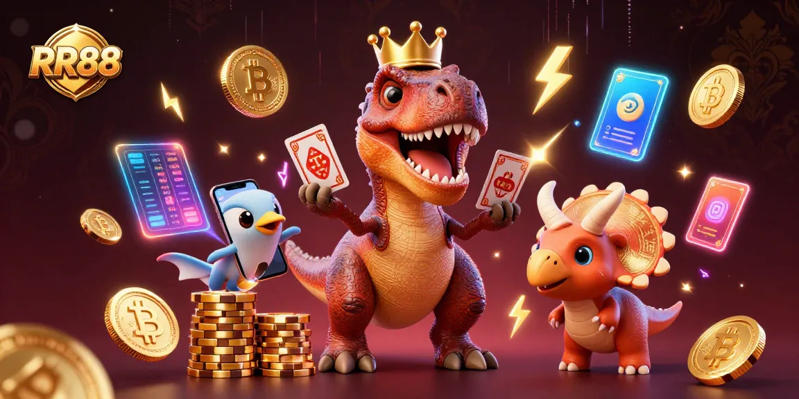 Experience the thrill of RR88 with animated dinosaurs playing cards and stacking chips in a vibrant casino setting.