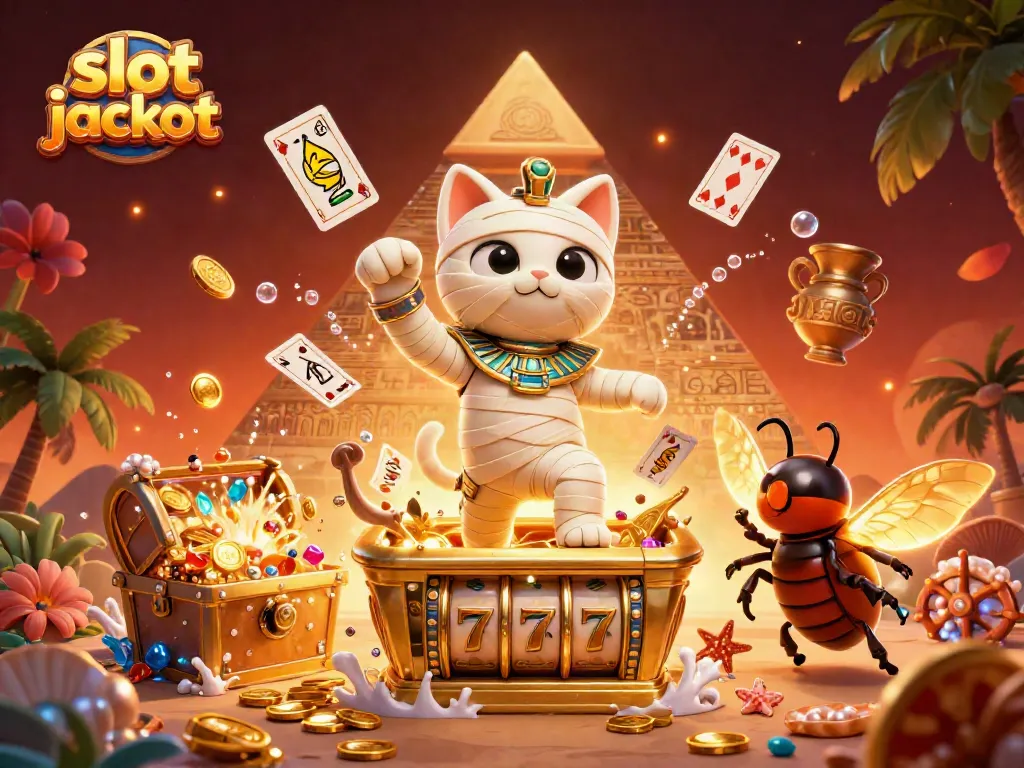 Experience thrilling slot jackpot action with an Egyptian mummy cat and treasure in this vibrant scene.