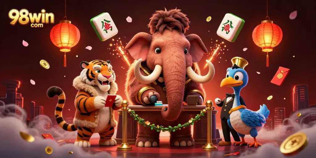 Engage with thrilling moments at 98win com, where a woolly mammoth checks IDs of fabulous VIPs in a rich casino atmosphere.