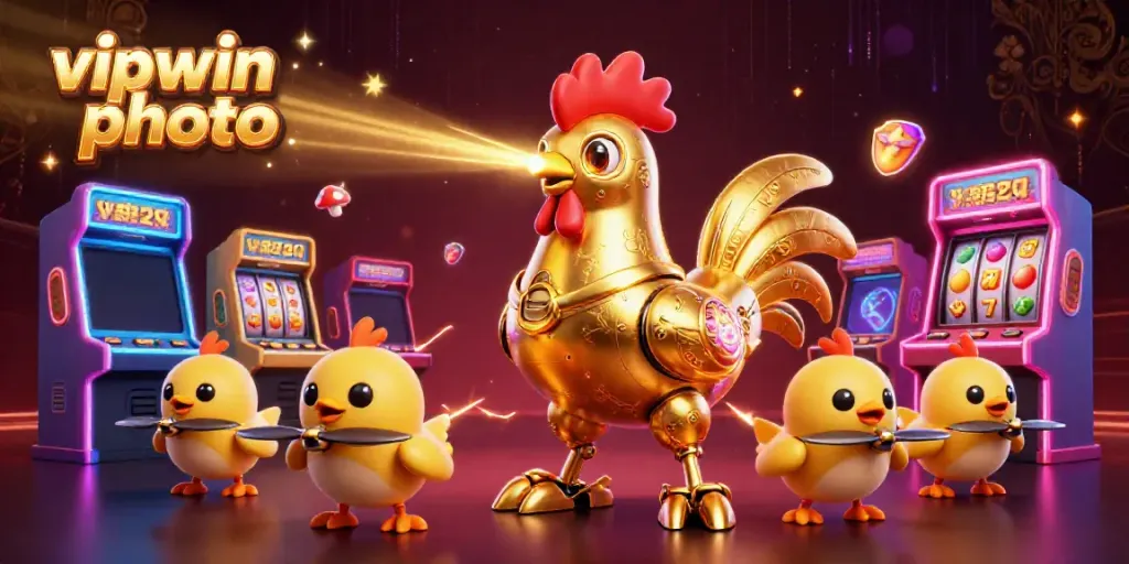 Experience the excitement of vipwin photo with a futuristic golden rooster robot and arcade games.
