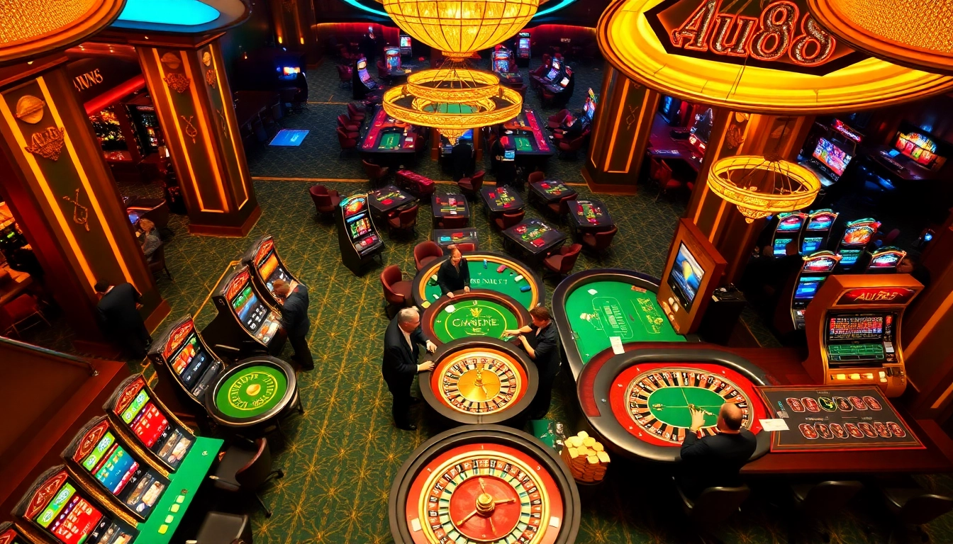 Experience the excitement of AU88 casino with players at roulette and poker tables, vibrant atmosphere.