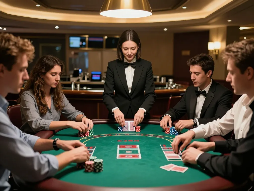 Watch players engaging strategically at blackjack table on 98win vin featuring vibrant chips and professional dealer.