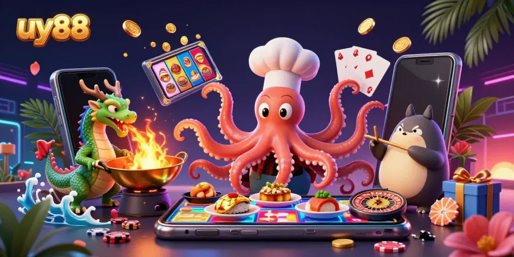 Experience dynamic slot gaming with uy88 featuring colorful reels and engaging characters in a vibrant setting.