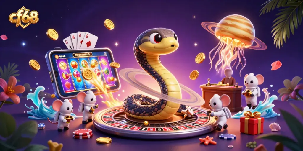 Engage in thrilling spins at cf68 with vibrant games, illustrated cosmic scene featuring roulette and slot elements.