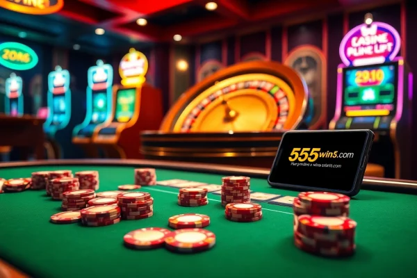 Players enjoying a dynamic gaming experience at 555win5.co.com with poker chips and a roulette wheel.