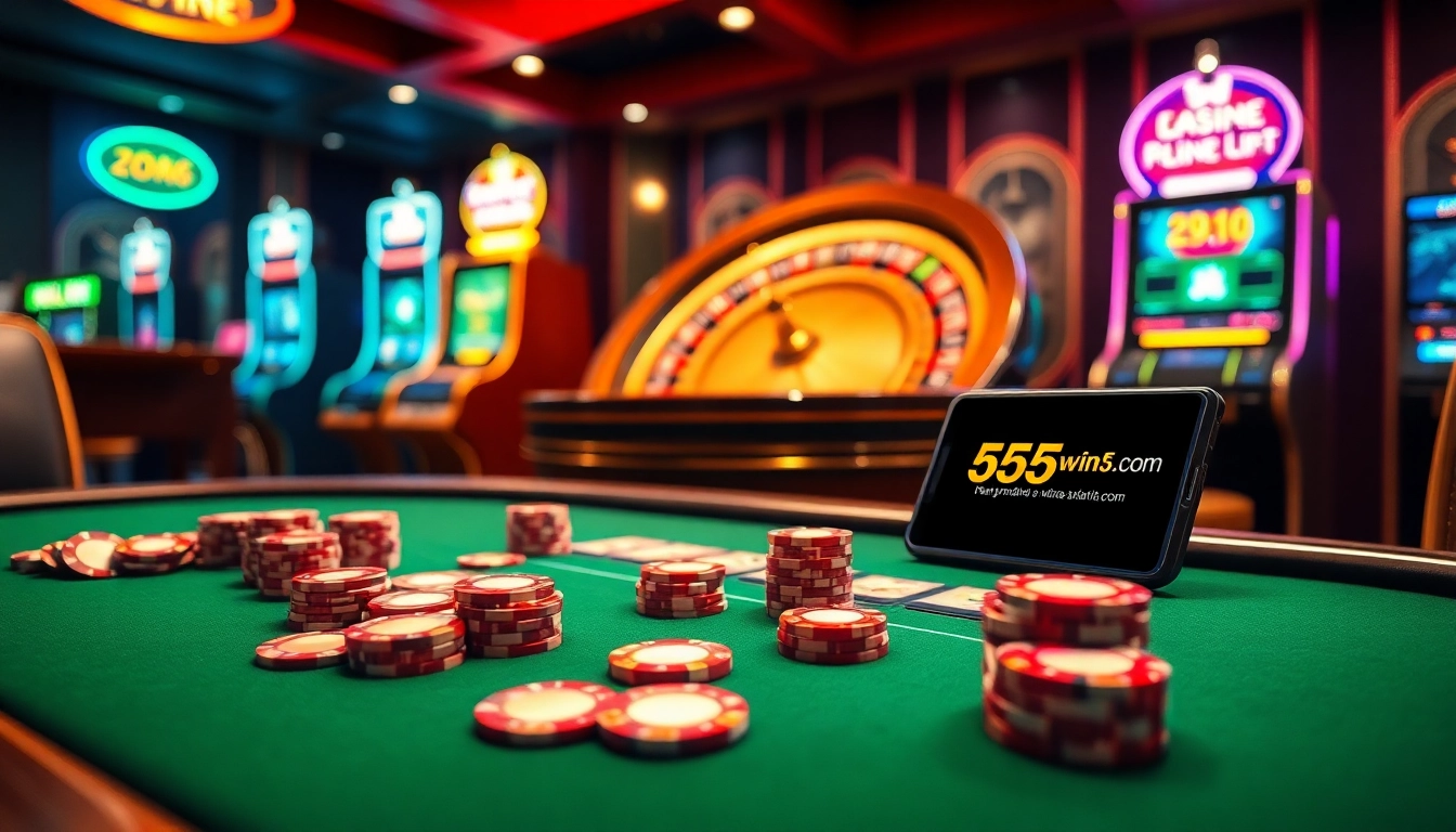 Players enjoying a dynamic gaming experience at 555win5.co.com with poker chips and a roulette wheel.
