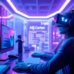 AI porn innovation depicted in a futuristic digital workspace with holographic displays.