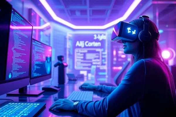 AI porn innovation depicted in a futuristic digital workspace with holographic displays.