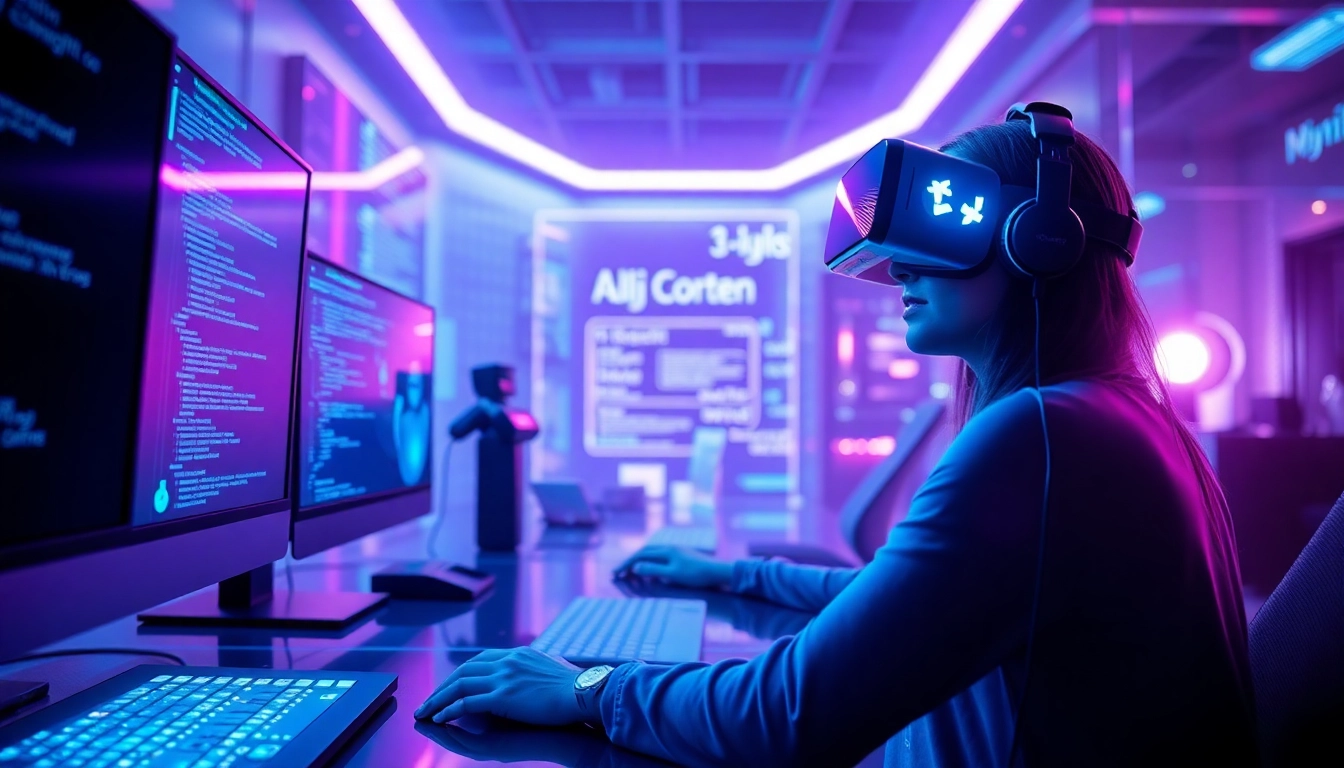 AI porn innovation depicted in a futuristic digital workspace with holographic displays.