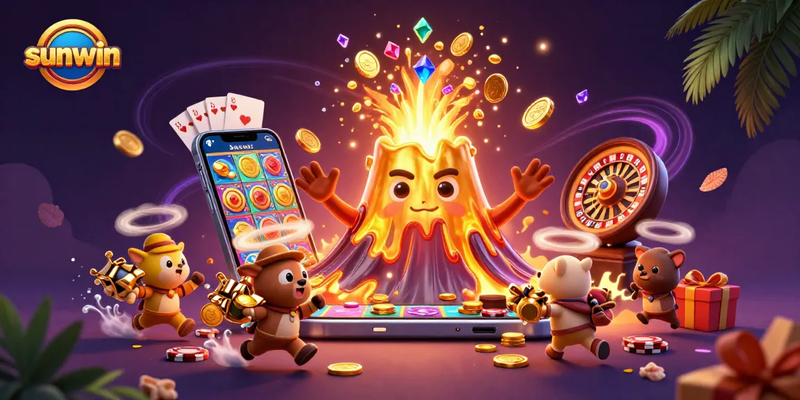 Experience thrilling action at Sunwin with a triumphant volcano, treasures, and vibrant casino elements.