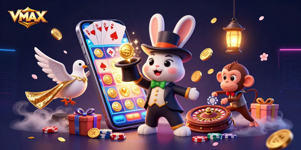 Experience winning with VMAX as a magician pulls coins in a vibrant casino scene.