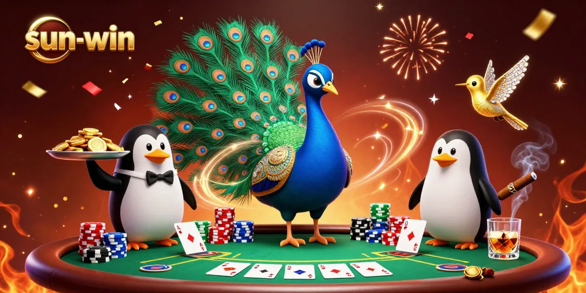 Play poker with sun-win’s vibrant characters joined by a peacock and a penguin, bringing the casino to life.