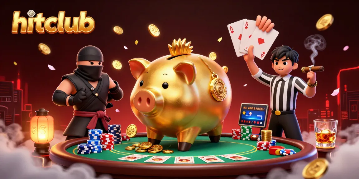hitclub piggy bank sumo wrestler shakes coins from a poker table in this vibrant casino scene.