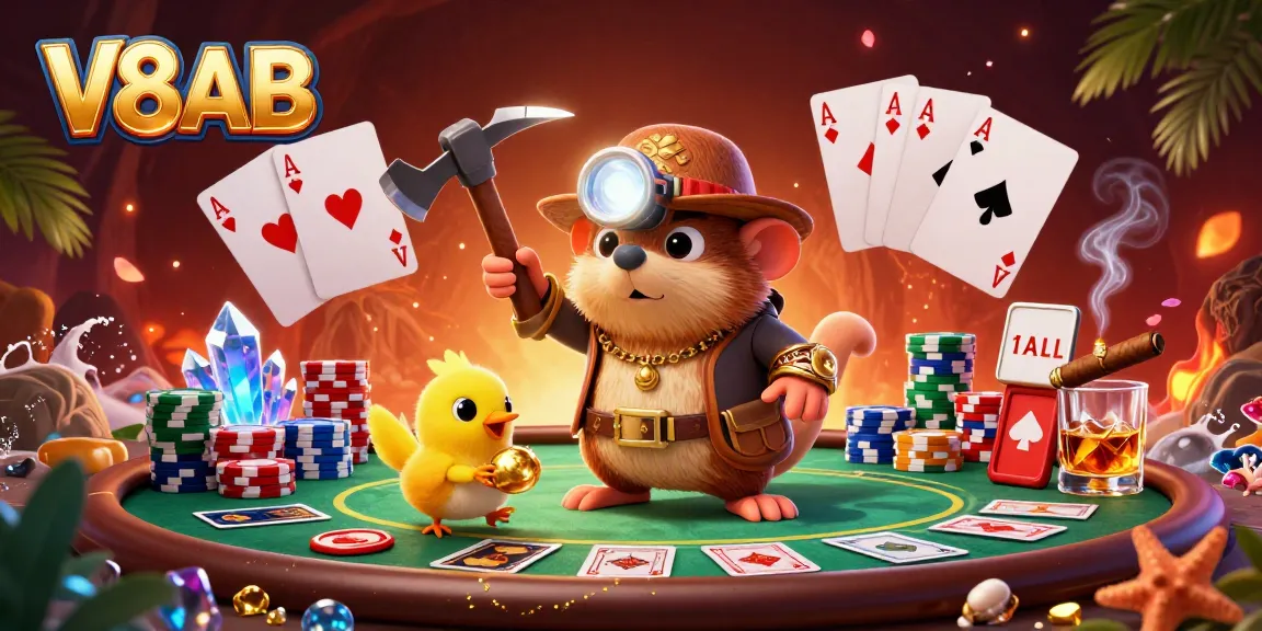 Engage in thrilling poker with V8AB, featuring a treasure hunter mole in a vibrant casino atmosphere.