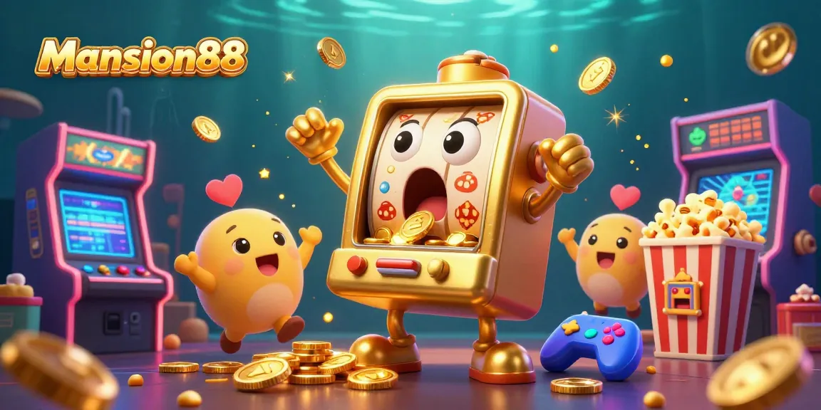 Mansion88 celebrates big wins with cartoon slot machines and golden coins in a vibrant casino scene.
