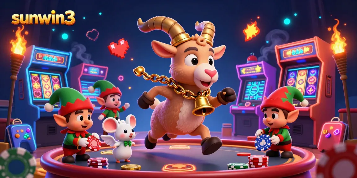 Experience the lively energy of sunwin3 at a festive casino, where playful characters engage in thrilling gaming.