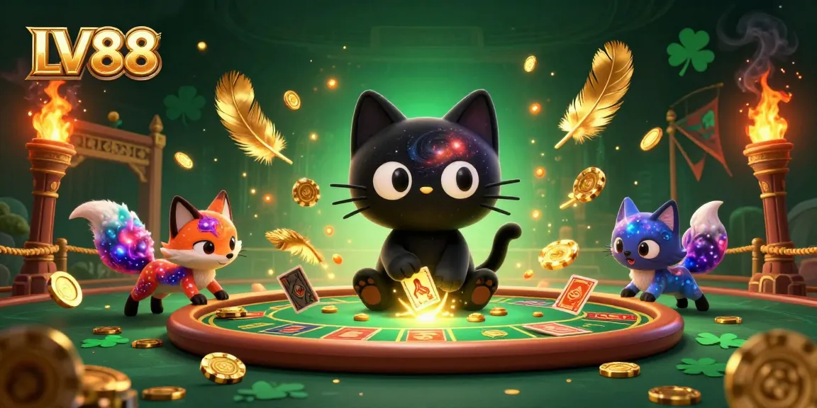Engage in thrilling bets at LV88 with an enchanting cosmic scene of a black hole cat at a casino table.