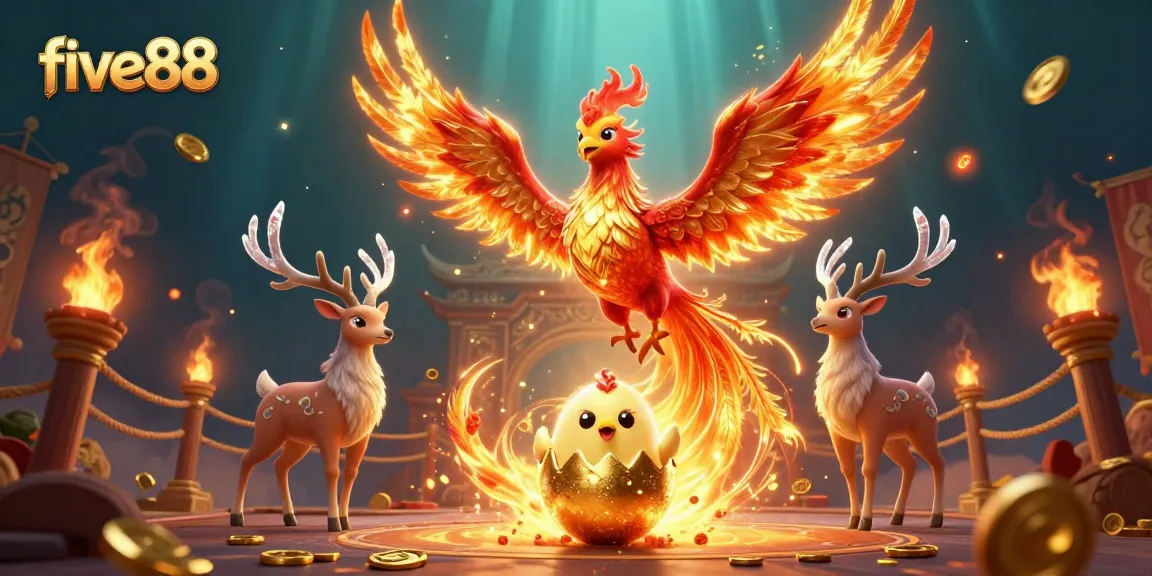 Betting with five88 at a casino featuring a majestic phoenix and mystical stag in a rich, vibrant setting.