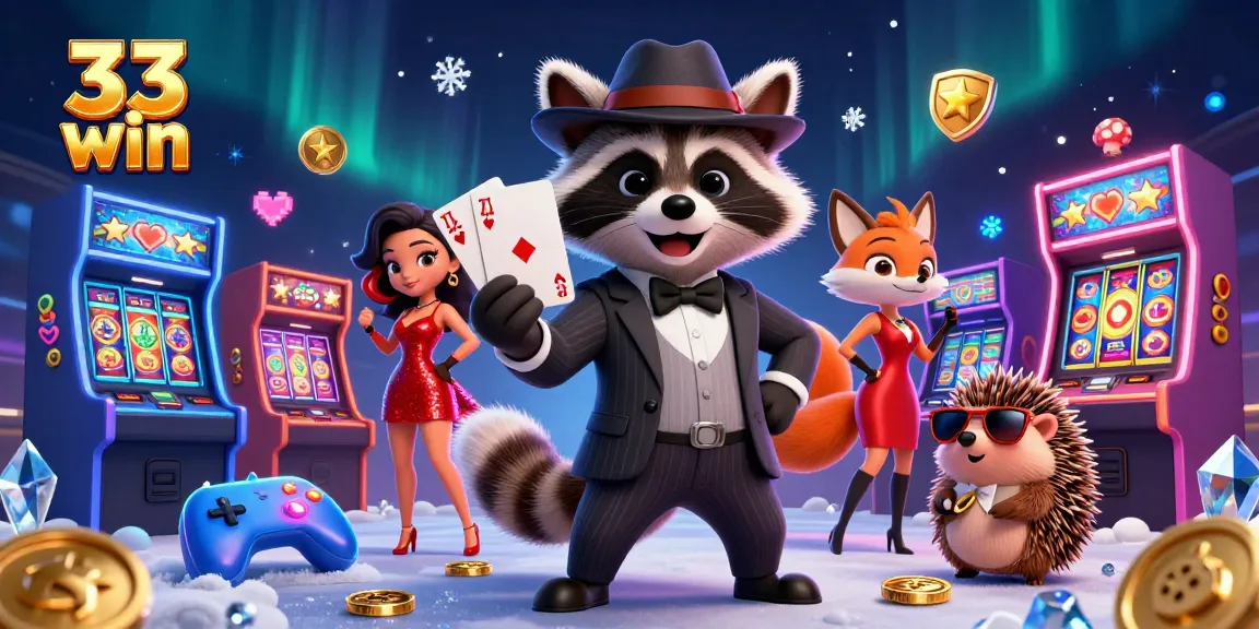 Experience the thrill of 33 win with a lively casino scene featuring a suave raccoon and a dazzling fox.