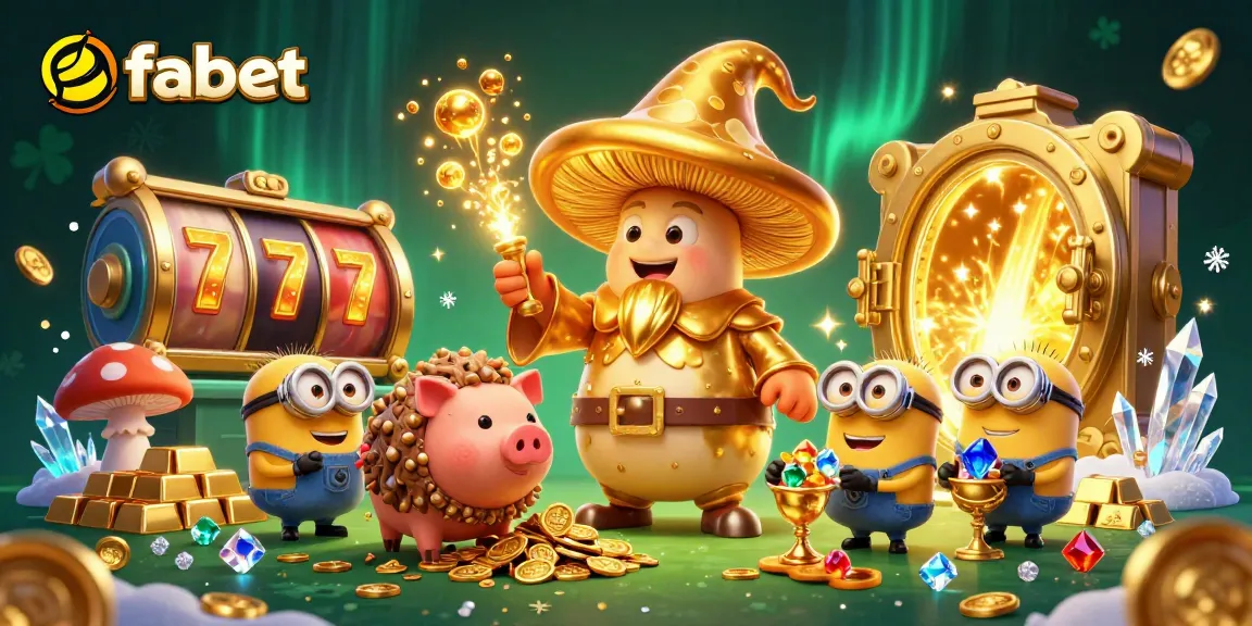 Spin the slot reels with fabet's magical character in a treasure-filled 3D casino scene.