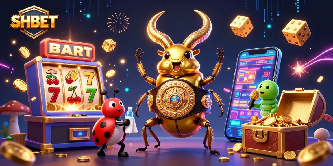 Experience thrilling gameplay at SHBET with a giant beetle champion, dazzling slot machines, and vibrant casino action.