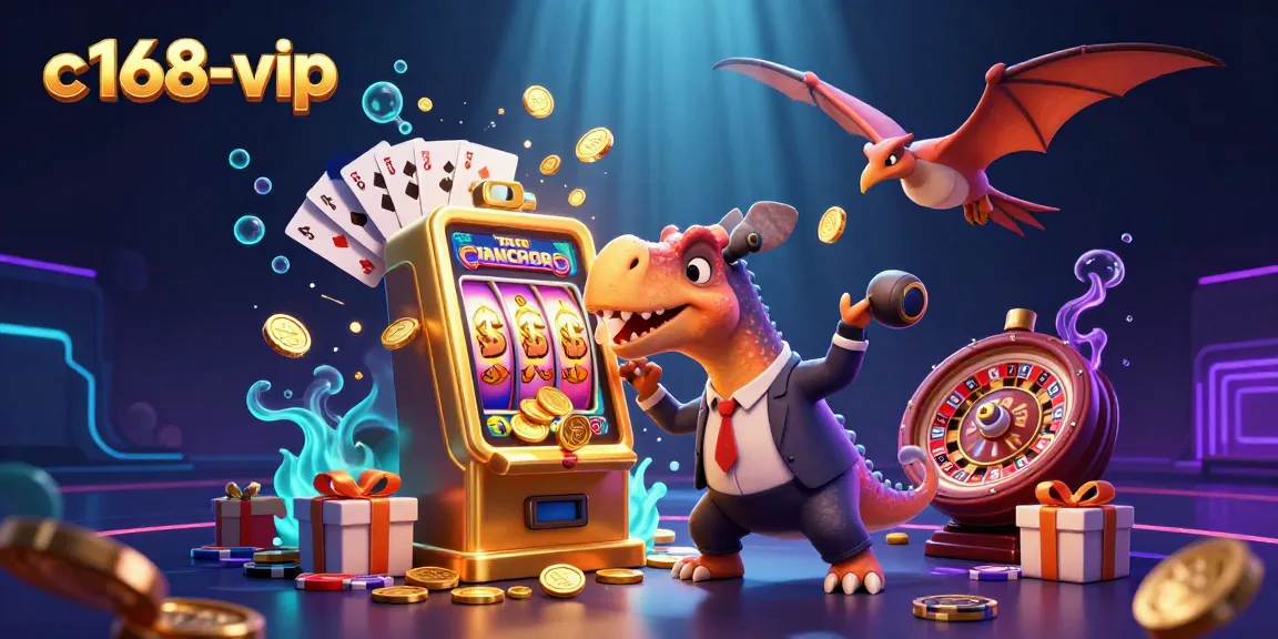 Experience exciting wins at c168-vip as a pachycephalosaurus interacts with a golden slot machine amidst vibrant casino elements.