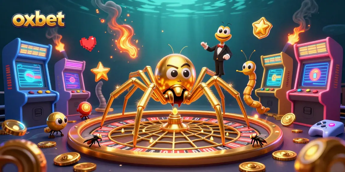Experience thrilling bets at oxbet with a cartoon spider croupier managing a roulette wheel web.