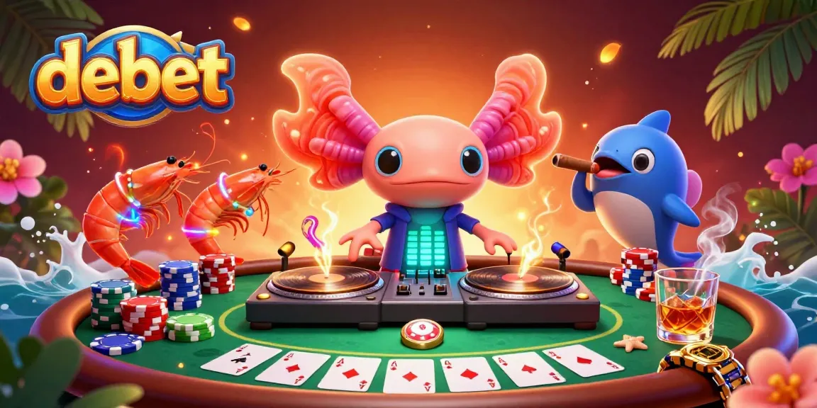 Experience the vibrant debet casino scene with an axolotl DJ, poker elements, and dynamic underwater characters.